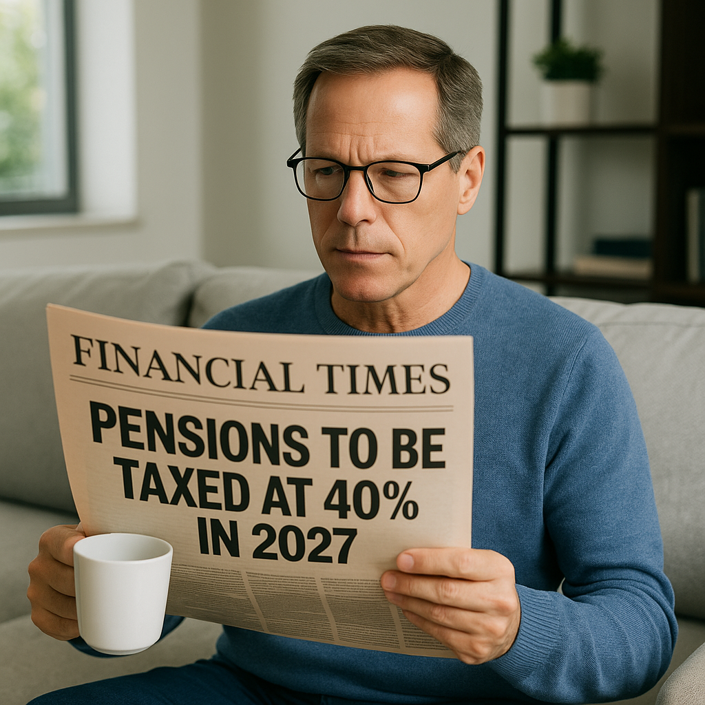 Middle-aged expat man reading the Financial Times at home with a headline about UK pensions being taxed at 40% from 2027, highlighting changes to inheritance tax.
